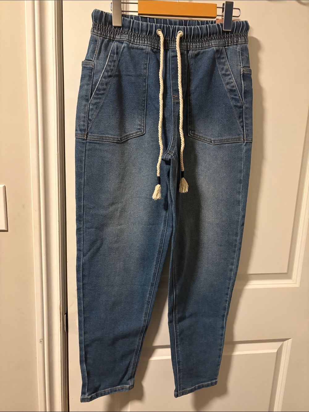 Sanctuary Blue Denim Jogger Pants with Cream Drawstring